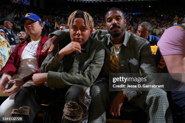 Artist, Cordae and actor, Michael B. Jordan pose for a photo during Game Two of the 2022 NBA Finals on June 5, 2022 at Chase Center in San Francisco,...