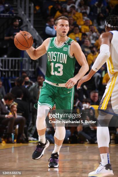 Nik Stauskas of the Boston Celtics dribbles the ball during Game Two of the 2022 NBA Finals on June 5, 2022 at Chase Center in San Francisco,...