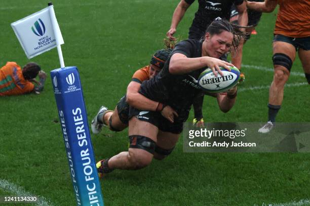 Player of the match Kaipo Olsen-Baker of New Zealand scores in the corner during the 2022 Pacific Four Series match between New Zealand Black Ferns...