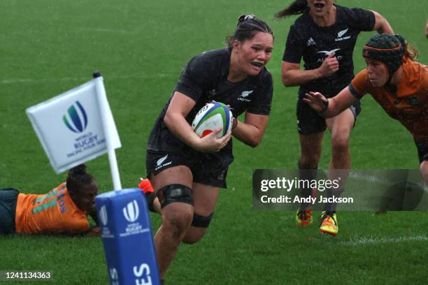 Player of the match Kaipo Olsen-Baker of New Zealand scores in the corner during the 2022 Pacific Four Series match between New Zealand Black Ferns...