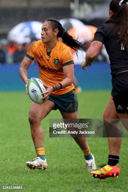 Trilleen Pomare of Australia looks to pass during the 2022 Pacific Four Series match between New Zealand Black Ferns and Australia Wallaroos at...