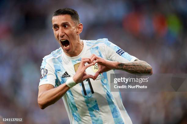 Angel Di Maria of Argentina celebrates after scoring his sides first goal during the Finalissima 2022 match between Argentina and Italy at Wembley...