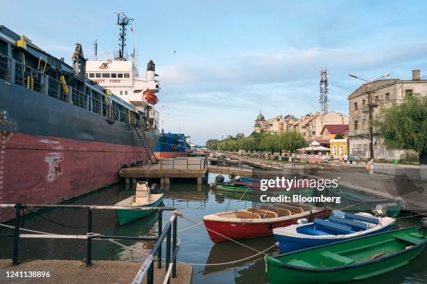 Cargo ship docked along the Sulina Canal, a river channel between the Danube River and the Black Sea, at the Port of Sulina, Romania, on Saturday,...