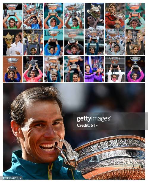 This combination of file pictures created on June 5, 2022 shows Spain's Rafael Nadal posing with the trophies of his 22 Grand Slam victories on June...