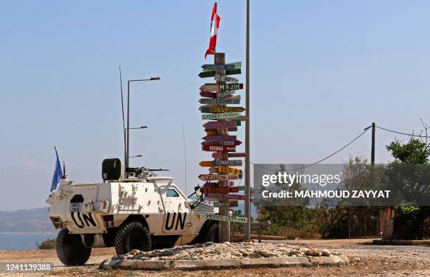 Members of the French contingent of the United Nations Interim Forces in Lebanon patrol the area of Naqura, south of the Lebanese city of Tyre, on...