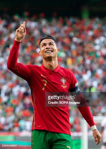 Cristiano Ronaldo of Portugal celebrates after scoring a goal during the UEFA Nations League match between Portugal and Switzerland at Alvalade...