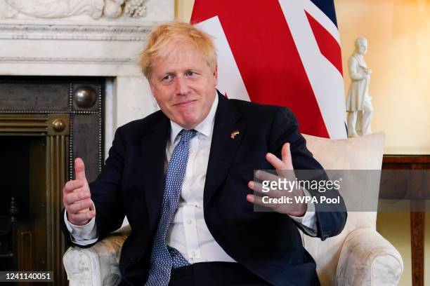 Britain's Prime Minister Boris Johnson gestures as he meets with Prime Minister of Estonia Kaja Kallas at 10 Downing Street on June 06, 2022 in...