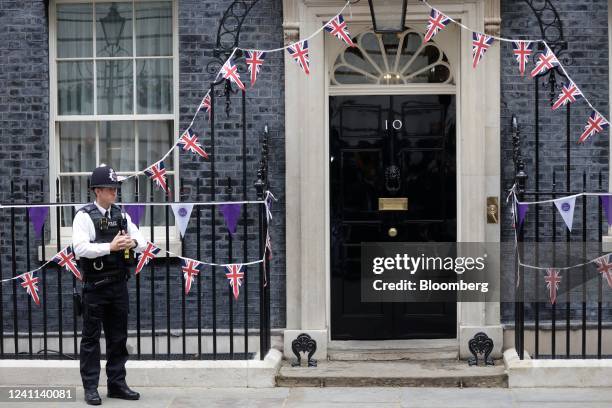 The front door of the UK Prime Minister's residence at number 10 Downing Street in London, UK, on Monday, June 6, 2022. Boris Johnson faces a...