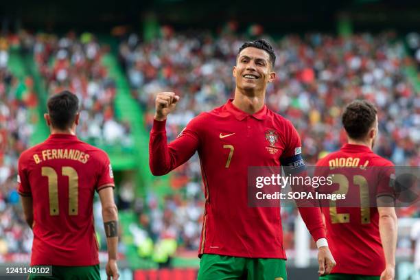 Cristiano Ronaldo of Portugal celebrates after scoring a goal during the UEFA Nations League match between Portugal and Switzerland at Alvalade...
