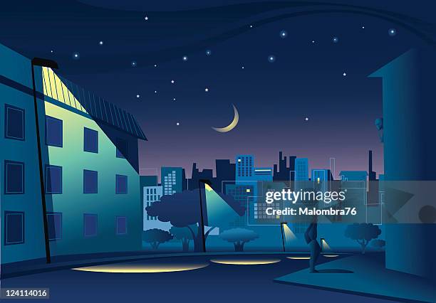 ilustraciones, imágenes clip art, dibujos animados e iconos de stock de la noche en la ciudad - noche