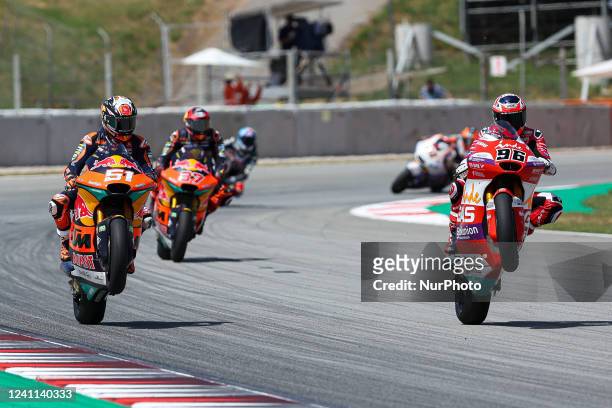 Pedro Acosta from Spain of Red Bull KTM Ajo with Kalex with Jake Dixon from United Kingdom of Inde GASGAS Aspar Team with Kalex during the Moto2 free...