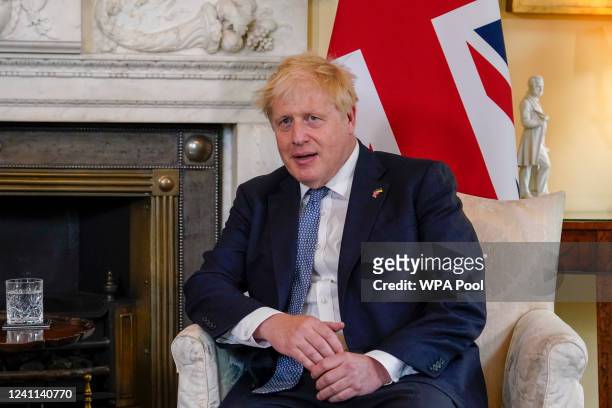 Britain's Prime Minister Boris Johnson gestures as he meets with Prime Minister of Estonia Kaja Kallas at 10 Downing Street on June 06, 2022 in...