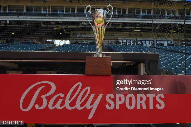 The Ohio Cup Trophy on top of a Bally Sports logo prior to a game between the Cincinnati Reds and Cleveland Guardians at Progressive Field on May 17,...