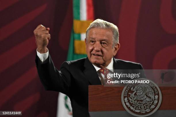 Mexico's President Andres Manuel Lopez Obrador speaks during his daily morning press conference in Mexico City on June 6, 2022. Lopez Obrador...