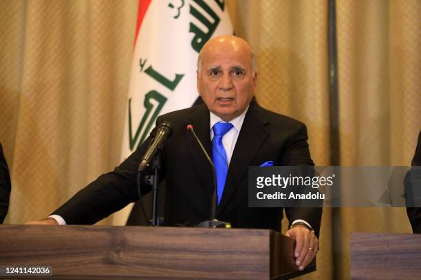 Iraqi Foreign Minister Fuad Hussein, Jordanian Foreign Minister Ayman Safadi and Egyptian Foreign Minister Sameh Shoukry hold a joint press...