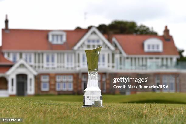 The AIG Women's Open trophy in front of the club house at the Media Day prior to the AIG Women's Open at Muirfield on June 6, 2022 in Gullane,...