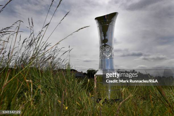 The AIG Women's Open trophy at the 18th hole during the Media Day prior to the AIG Women's Open at Muirfield on June 6, 2022 in Gullane, Scotland.