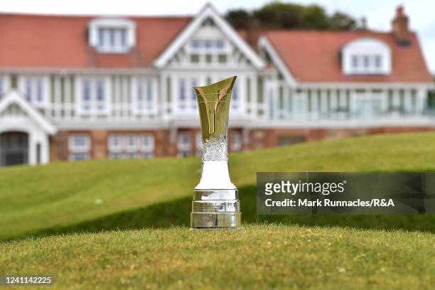 The AIG Women's Open trophy in front of the club house at the Media Day prior to the AIG Women's Open at Muirfield on June 6, 2022 in Gullane,...