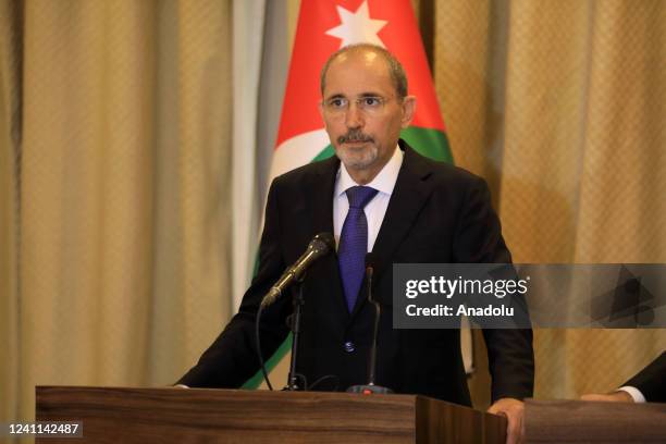 Jordanian Foreign Minister Ayman Safadi, Egyptian Foreign Minister Sameh Shoukry and Iraqi Foreign Minister Fuad Hussein hold a joint press...