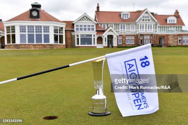 The AIG Women's Open trophy at the 18th green during the Media Day prior to the AIG Women's Open at Muirfield on June 6, 2022 in Gullane, Scotland.