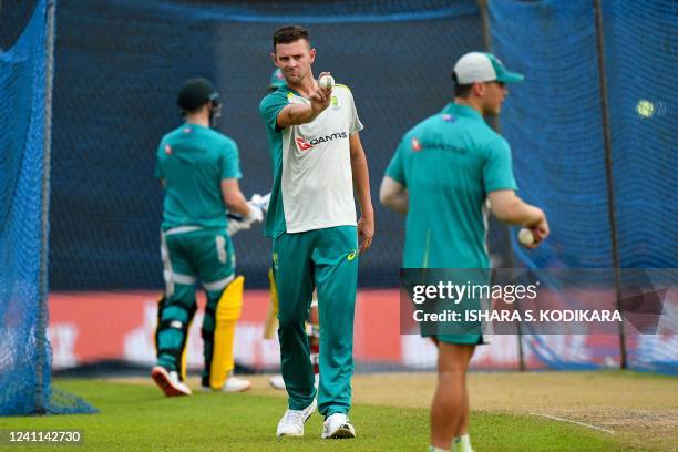 Australia's Josh Reginald Hazlewood attends a practice session at the R. Premadasa Stadium in Colombo on June 6 ahead of their two Tests, three T20s...