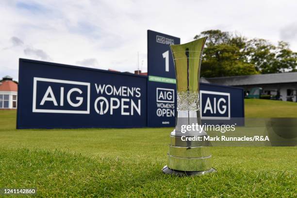 The AIG Women's Open trophy at the first tee during the Media Day prior to the AIG Women's Open at Muirfield on June 6, 2022 in Gullane, Scotland.