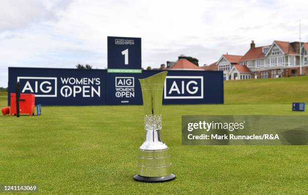 The AIG Women's Open trophy at the first tee during the Media Day prior to the AIG Women's Open at Muirfield on June 6, 2022 in Gullane, Scotland.