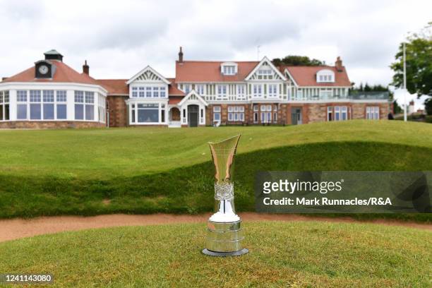 The AIG Women's Open trophy at the 18th green during the Media Day prior to the AIG Women's Open at Muirfield on June 6, 2022 in Gullane, Scotland.