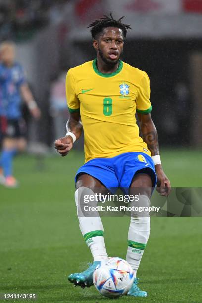 Fred of Brazil passes the ball during the international friendly match between Japan and Brazil at National Stadium on June 6, 2022 in Tokyo, Japan.