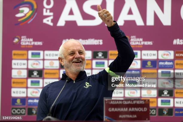 Australia's coach Graham Arnold attends a press conference at Ahmad Bin Ali Stadium on June 6, 2022 in Doha, Qatar.