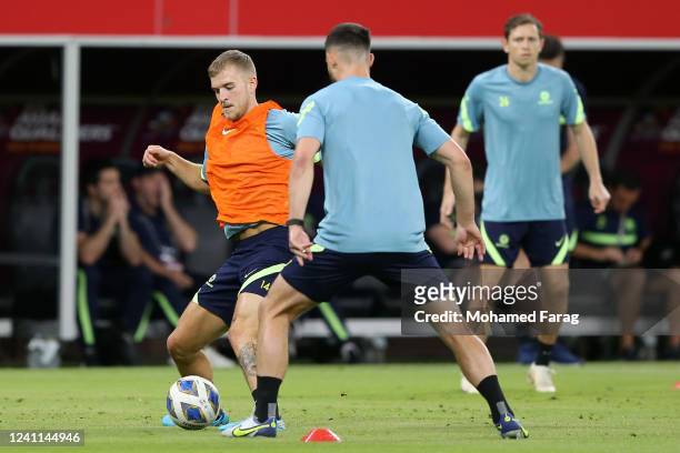 Australia's player Mcgree Riley Patrick take part in a training session during an Australia Socceroos training session at Ahmad Bin Ali Stadium on...