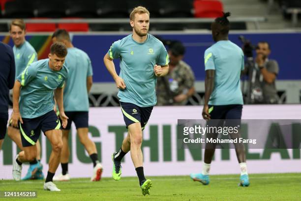 Australia's player Rowles Kye Francis take part in a training session during an Australia Socceroos training session at Ahmad Bin Ali Stadium on June...