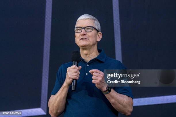 Tim Cook, chief executive officer of Apple Inc., speaks during the Apple Worldwide Developers Conference at Apple Park campus in Cupertino,...