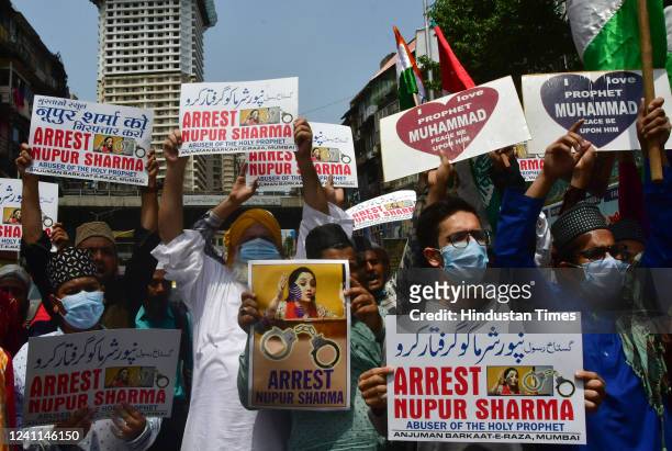 Muslim activists shout slogans in reaction to the remarks of suspended BJP leader and spokesperson Nupur Sharma on Prophet Muhammad during a protest...
