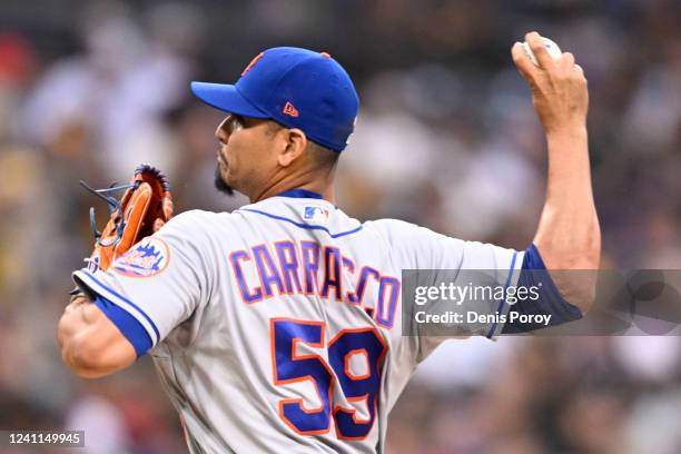 Carlos Carrasco of the New York Mets pitches during the second inning of a baseball game against the San Diego Padres on June 6, 2022 at Petco Park...