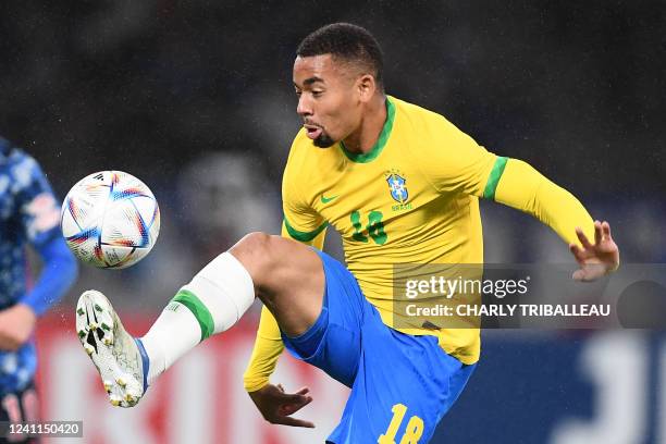 Brazil's Gabriel Jesus controls the ball during the friendly football match between Japan and Brazil at the National Stadium in Tokyo on June 6, 2022.