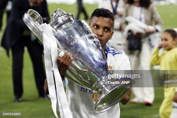 Rodrygo of Real Madrid kisses the UEFA Champions League trophy, Coupe des clubs Champions Europeans during the UEFA Champions League final match...