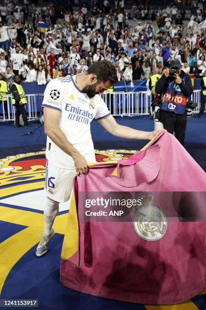 Nacho of Real Madrid like a bullfighter during the UEFA Champions League final match between Liverpool FC and Real Madrid at Stade de Franc on May...