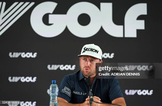 Northern Irish golfer Graeme McDowell reacts during a press conference ahead of the forthcoming LIV Golf Invitational Series event at The Centurion...