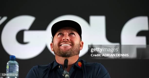 Northern Irish golfer Graeme McDowell reacts during a press conference ahead of the forthcoming LIV Golf Invitational Series event at The Centurion...