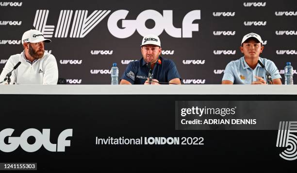 Golfer Dustin Johnson , Northern Irish golfer Graeme McDowell and Thailand golfer Ratchanon "TK" Chantananuwat attend a press conference ahead of the...