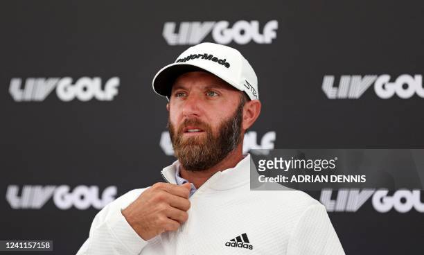 Golfer Dustin Johnson attends a press conference ahead of the forthcoming LIV Golf Invitational Series event at The Centurion Club in St Albans,...