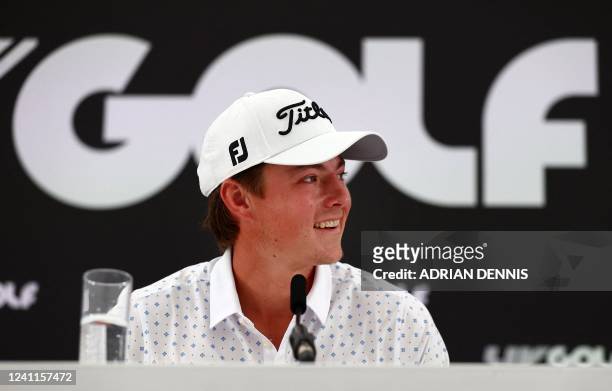 Golfer James Piot attends a press conference ahead of the forthcoming LIV Golf Invitational Series event at The Centurion Club in St Albans, north of...