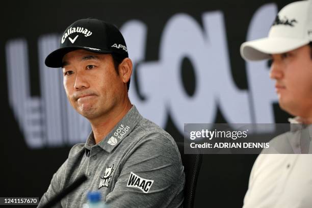 Golfer Kevin Na attends a press conference ahead of the forthcoming LIV Golf Invitational Series event at The Centurion Club in St Albans, north of...