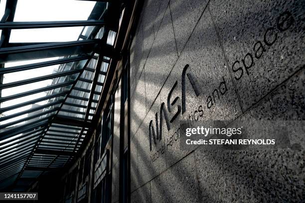 The NASA logo is seen at its headquarters in Washington, DC, on June 7, 2022.