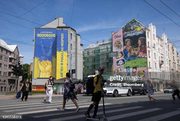 An artwork supporting the "Stand With Ukraine" project in central Riga, Latvia, on June 6, 2022. Latvia needs a NATO brigade, a military contingent...