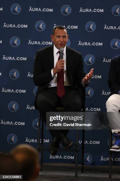 Alex Rodriguez speaks while Tim Connelly, new Minnesota Timberwolves President of Basketball Operations, is introduced to the media by team ownership...