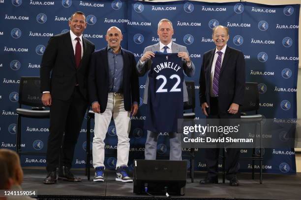 Tim Connelly, new Minnesota Timberwolves President of Basketball Operations, is introduced to the media by team ownership group Glen Taylor, Marc...