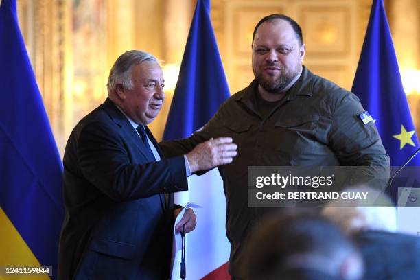 French Senate President Gerard Larcher talks with Ukrainian parliament president Ruslan Stefanchuk after their press conference at the Luxembourg...