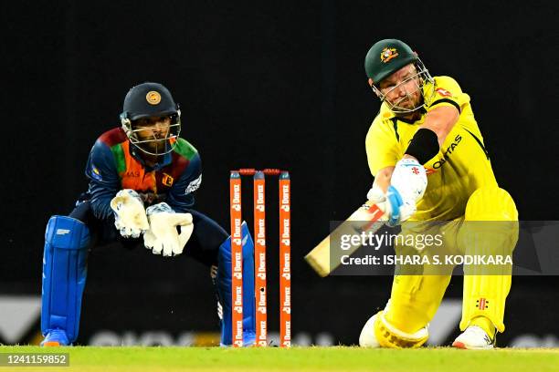 Australia's captain Aaron Finch plays a shot during the first Twenty20 international cricket match between Sri Lanka and Australia at the R....